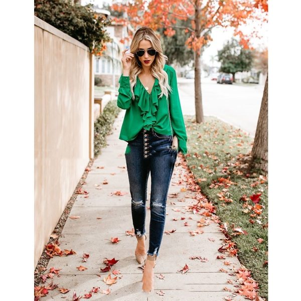 V-neck Flounce Loose And Stylish Long Sleeves Chiffon Shirt - Image 3