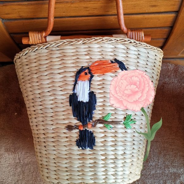 Birds Embroidered And Rope Paper Beads Wooden Decorated Straw Fabric Bag - Image 4