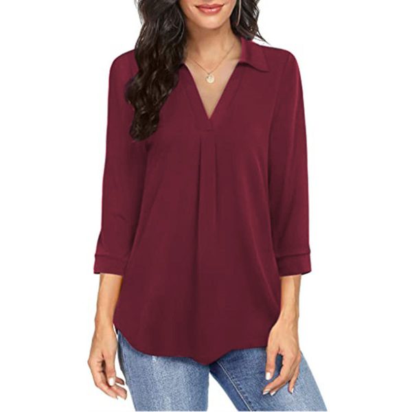 Ladies' Solid Color V-neck Seven Quarter Sleeved Shirt Top With Elegant Chiffon Stitching - Image 6