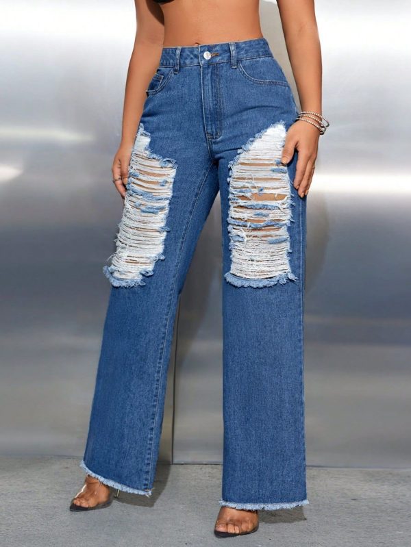 Leisure Ripped Wide Leg Denim Trousers - Image 6