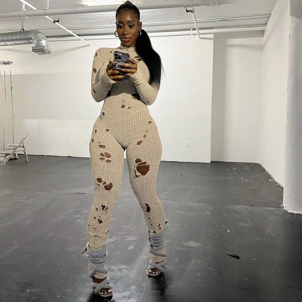 Women's Solid Color Casual Long Sleeves Wool Lace-up Ripped Slim Fit Long Conjoined Trousers - Image 7