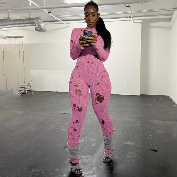 Women's Solid Color Casual Long Sleeves Wool Lace-up Ripped Slim Fit Long Conjoined Trousers - Image 5