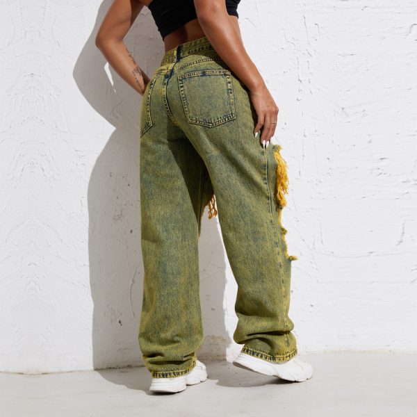 Shascullfites Melody Yellow Wash Streetwear Split Loose Straight Jeans Y2K Ripped Retro Women Denim Pants - Image 3