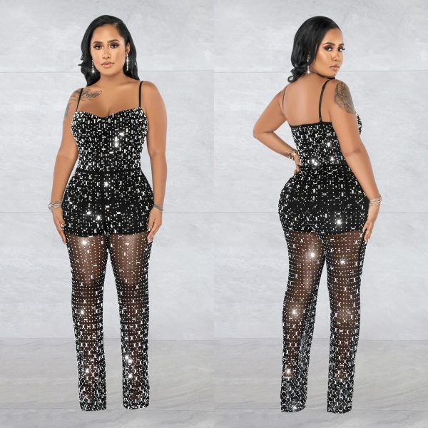Women's Wear Rhinestone Mesh Camisole Sleeveless Trousers Jumpsuit - Image 3