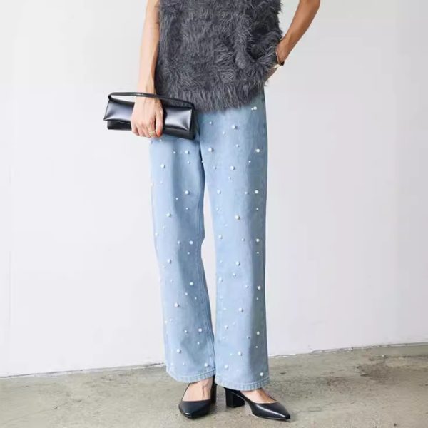 Heavy Industry Nail Pearl Buckle Women's Jeans Casual Loose Trousers - Image 5