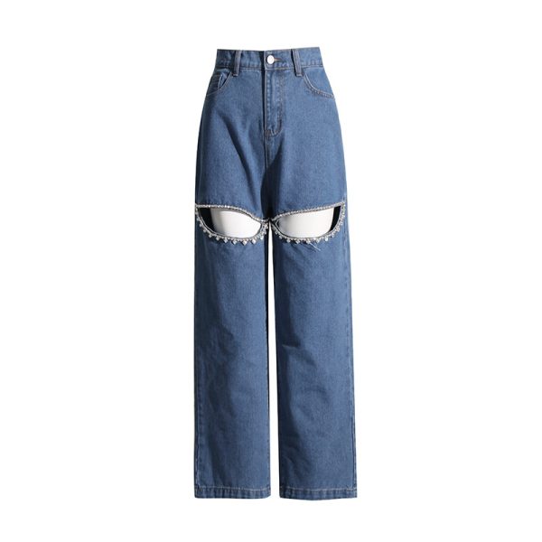 Diamond Beaded Design Straight Mid-waist Long Hollow Jeans - Image 6