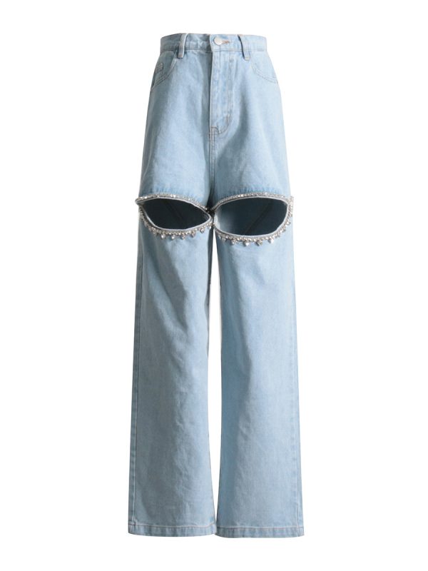 Diamond Beaded Design Straight Mid-waist Long Hollow Jeans - Image 7