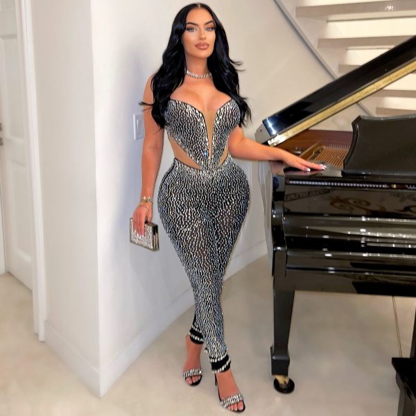 Slim Fit Rhinestone Stretch Sling Sheath Tight Jumpsuit - Image 3