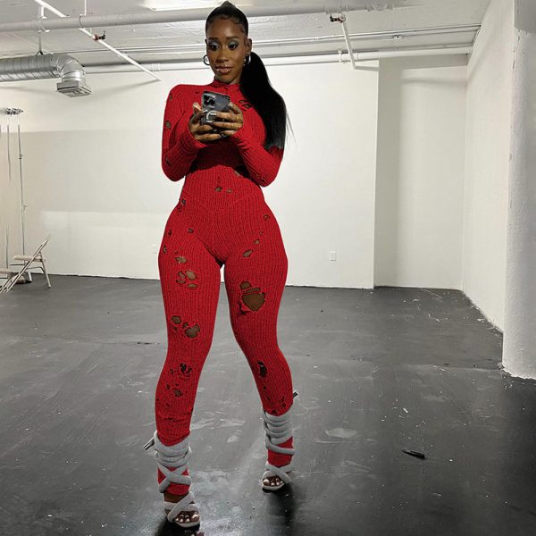 Women's Solid Color Casual Long Sleeves Wool Lace-up Ripped Slim Fit Long Conjoined Trousers - Image 6
