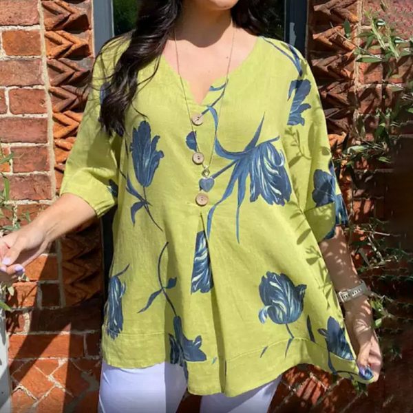 Women's Printed Cotton And Linen V-neck Seven Part Sleeve Top Shirt Casual Shirt - Image 4