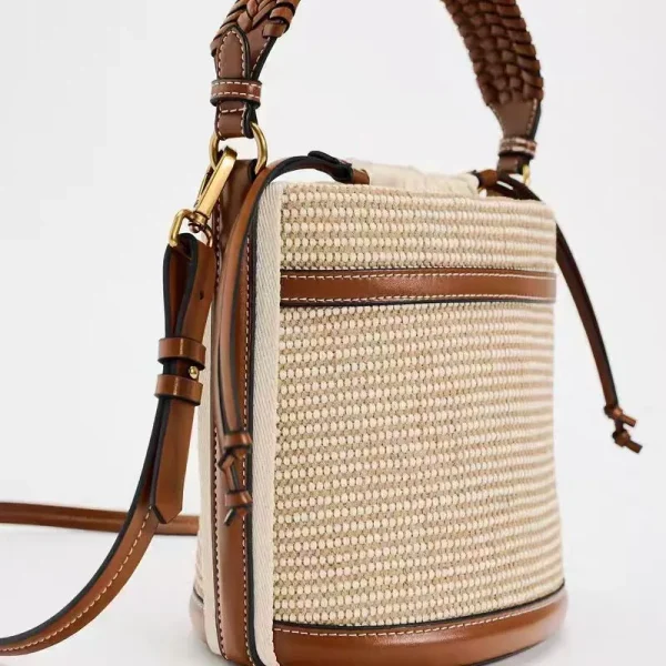 Fashion Straw Bucket Bag Weave Women Handbags Designer Panelled Shoulder Crossbody Bags Casual Summer Beach Small Tote Purses - Image 2
