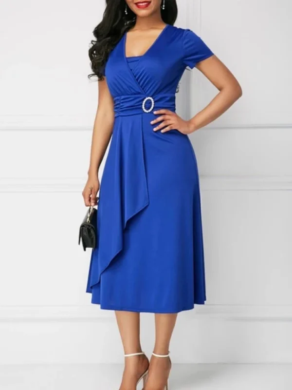 Summer Dresses Elegant Women Solid Color Short Sleeve V Neck Asymmetric Hem Waist Tight Midi Party Dress Ladies Evening Vestidos - Image 3
