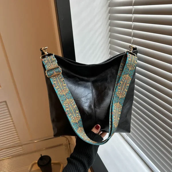 PU Leather Vintage Solid Color Women Fashion Shoulder Bag large Capacity Wide Strap Bucket tote Bags handbag for women - Image 3