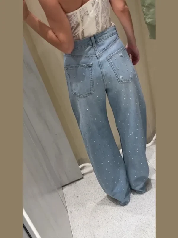 Trendy Women's High Waist Sparkling Denim Jeans With All-Over Luxury Rhinestone Decoration Female Casual Daily Chic Trousers - Image 2