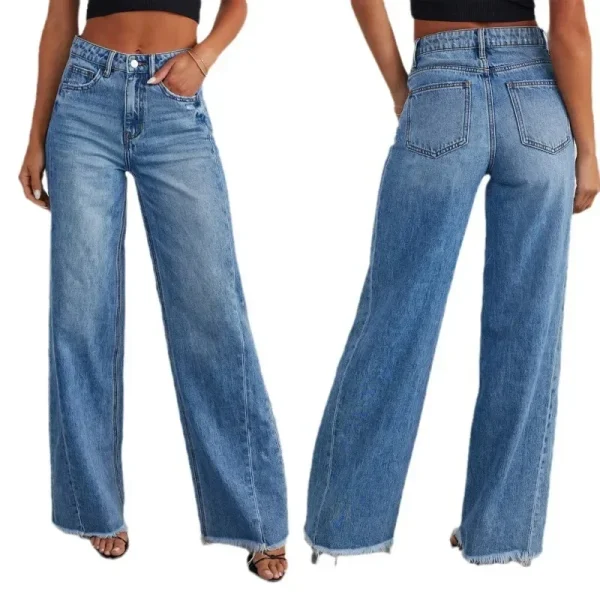 Spring Summer New Women's Clothing Solid Color Loose Wide Leg Side Seam Stitching Frayed Hem Jeans - Image 4