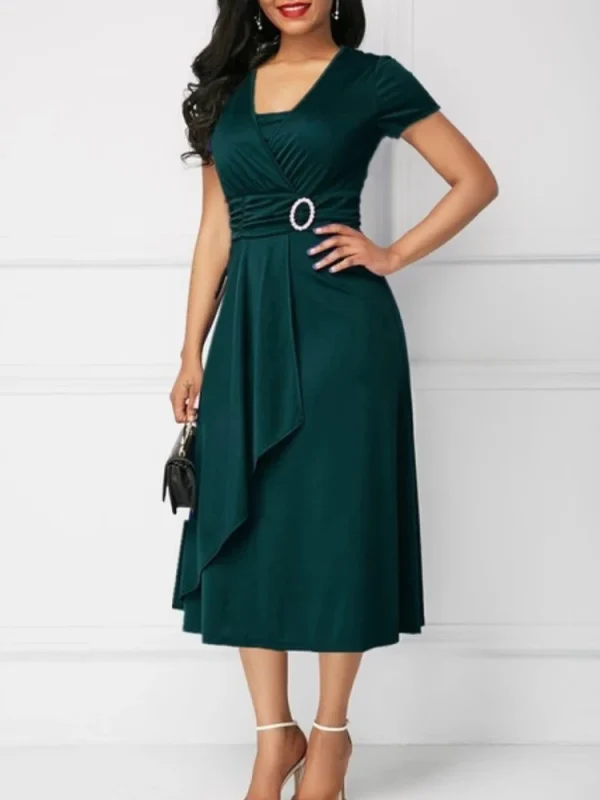 Summer Dresses Elegant Women Solid Color Short Sleeve V Neck Asymmetric Hem Waist Tight Midi Party Dress Ladies Evening Vestidos - Image 4