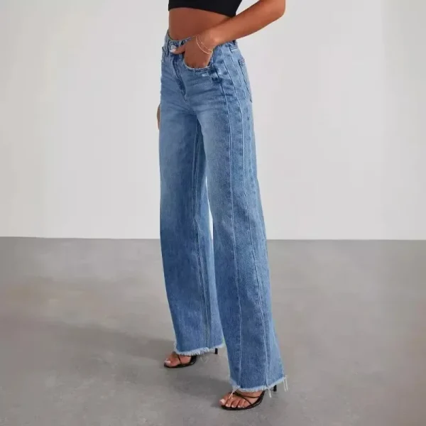 Spring Summer New Women's Clothing Solid Color Loose Wide Leg Side Seam Stitching Frayed Hem Jeans - Image 2