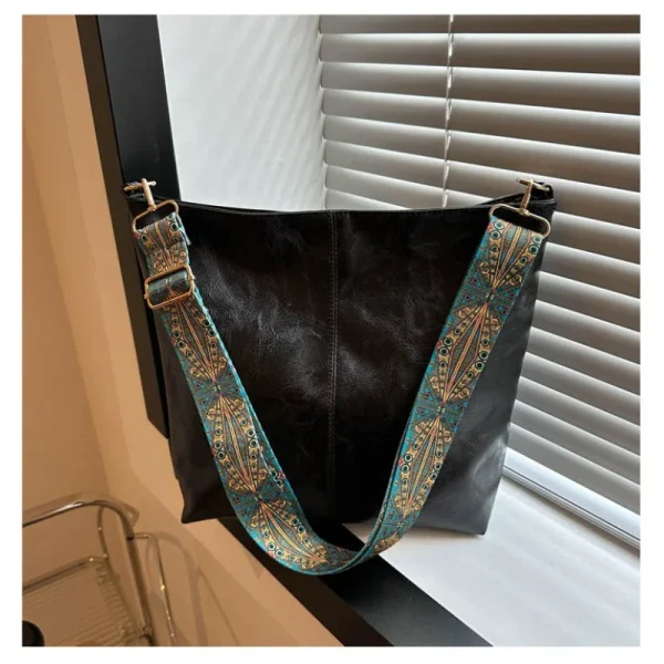 PU Leather Vintage Solid Color Women Fashion Shoulder Bag large Capacity Wide Strap Bucket tote Bags handbag for women - Image 4