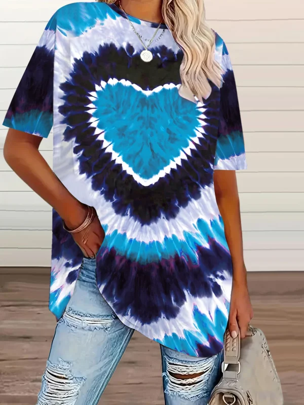 Plus size women's tie-dye heart-printed T-shirt - blue knitted short-sleeved top casual round neck T-shirt