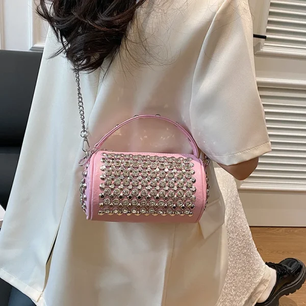 New Women's Bag Cylinder Handmade Shoulder Bag Water Diamond Versatile One Shoulder Crossbody Pillow Bag - Image 2