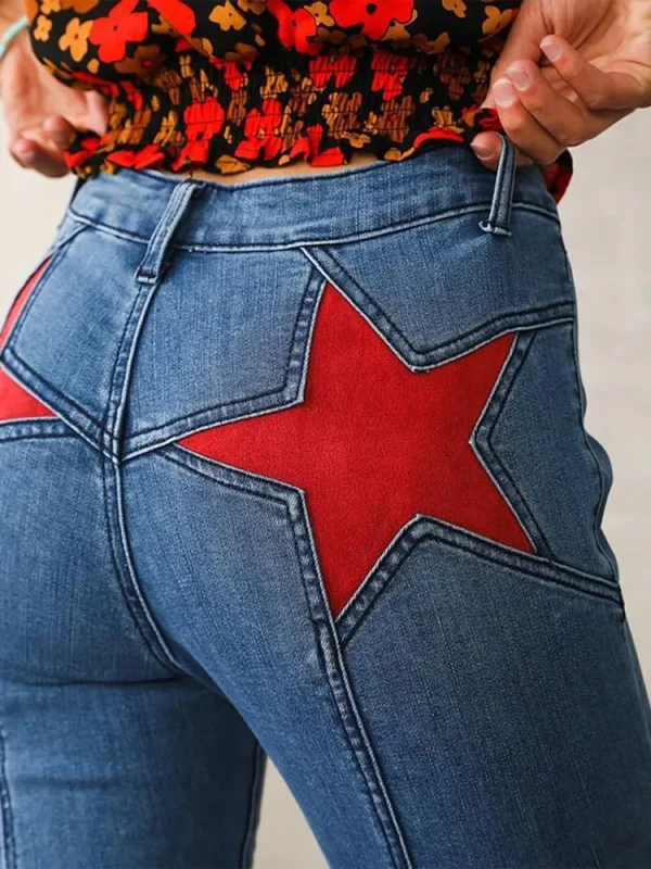 Trendy Women's High Waist Stretch Flared Denim Jeans Jorts Bold Red Star Printed Skin Fit Casual Streetwear Chic Trousers Shorts