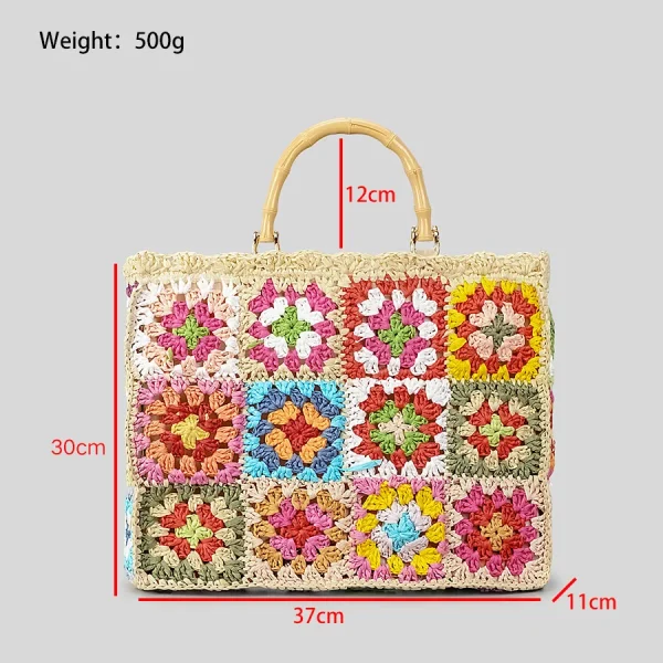 Bohemian Granny Square Straw Tote Bag Bamboo Handle Weave Women Handbags Casual Handmade Summer Beach Bags Large Capacity Purses - Image 6