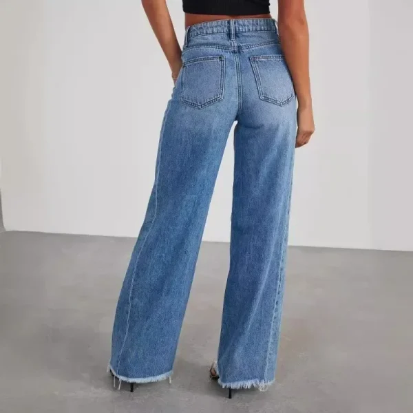 Spring Summer New Women's Clothing Solid Color Loose Wide Leg Side Seam Stitching Frayed Hem Jeans - Image 3