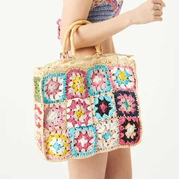 Bohemian Granny Square Straw Tote Bag Bamboo Handle Weave Women Handbags Casual Handmade Summer Beach Bags Large Capacity Purses - Image 3