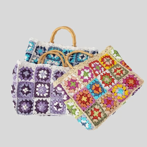 Bohemian Granny Square Straw Tote Bag Bamboo Handle Weave Women Handbags Casual Handmade Summer Beach Bags Large Capacity Purses - Image 4