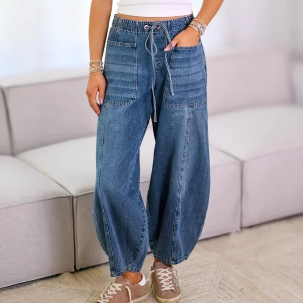 Low Waist American Retro Style Jeans Casual Loose Fit Double Pockets Cotton Jeans Ankle Length Pants Drawstring Jeans