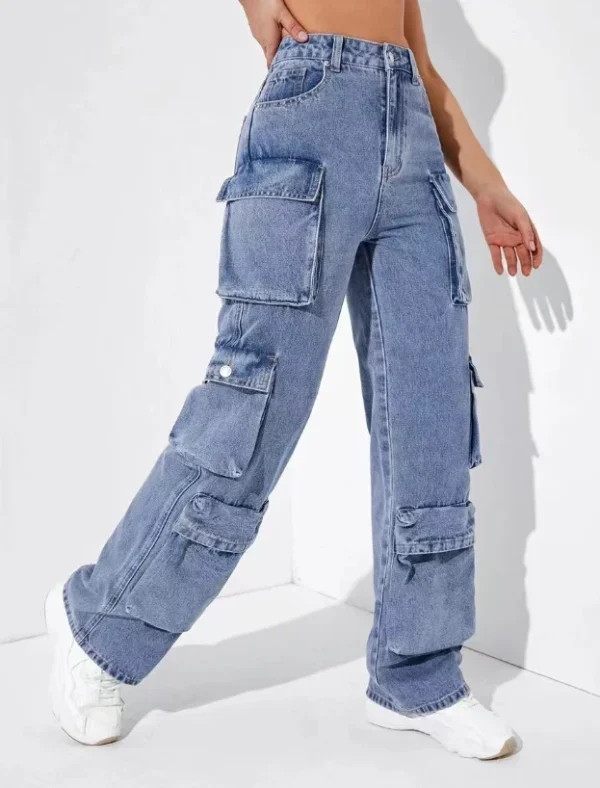 Trendy American Retro Handsome Streetwear Women's Fashion Jeans Flip Pocket Denim Cargo Pants High WaistWashed Hiphop Chic Jeans