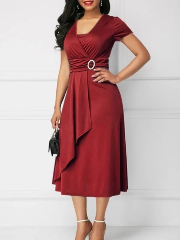 Summer Dresses Elegant Women Solid Color Short Sleeve V Neck Asymmetric Hem Waist Tight Midi Party Dress Ladies Evening Vestidos - Image 5