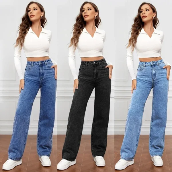 Straight High Waist Jeans Women 2025 New Leg Pockets Basics Ankle Length Pants Y2k Denim Trousers Vintage Blue Washed Jeans - Image 2