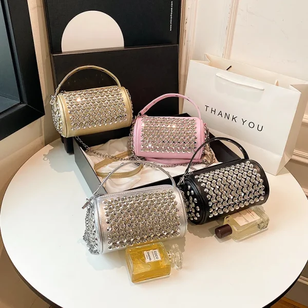 New Women's Bag Cylinder Handmade Shoulder Bag Water Diamond Versatile One Shoulder Crossbody Pillow Bag - Image 4