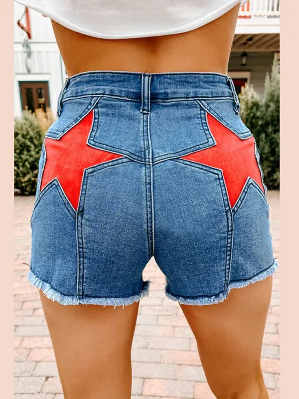 Trendy Women's High Waist Stretch Flared Denim Jeans Jorts Bold Red Star Printed Skin Fit Casual Streetwear Chic Trousers Shorts - Image 4