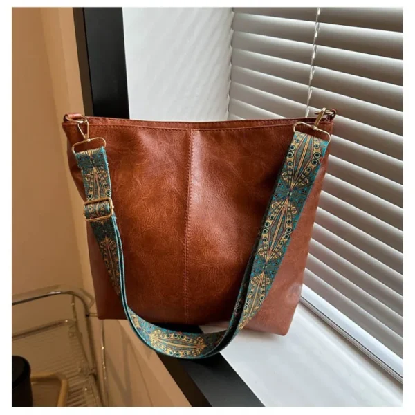 PU Leather Vintage Solid Color Women Fashion Shoulder Bag large Capacity Wide Strap Bucket tote Bags handbag for women