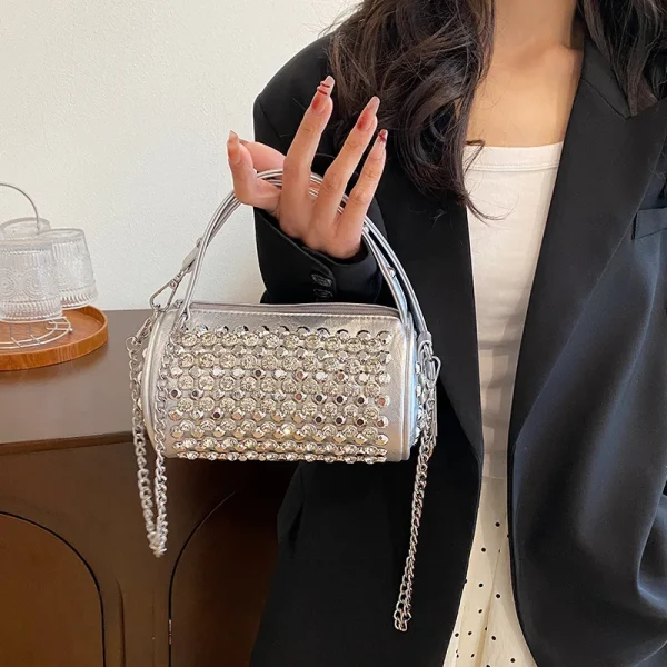 New Women's Bag Cylinder Handmade Shoulder Bag Water Diamond Versatile One Shoulder Crossbody Pillow Bag - Image 3