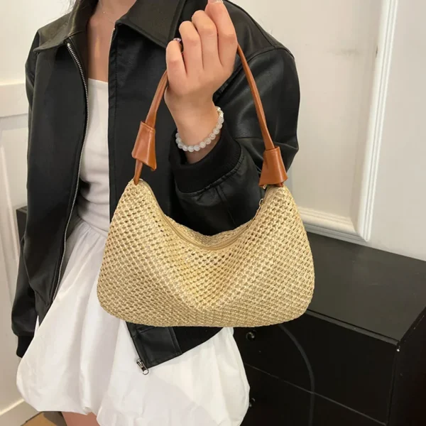 Women Straw Shoulder Bag Large Capacity Straw Dumpling Bag Weaving Tote Handbag Beach Woven Tote Bag Ladies Summer Daily Bag - Image 2