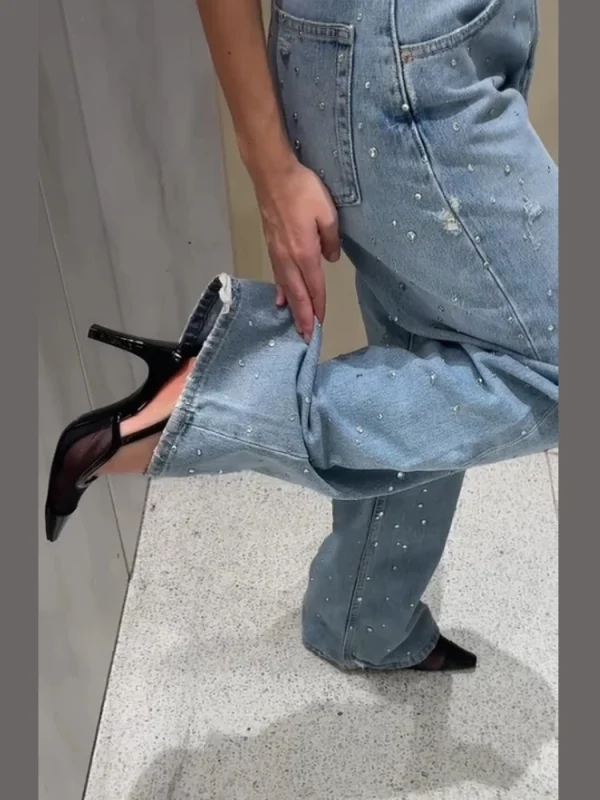 Trendy Women's High Waist Sparkling Denim Jeans With All-Over Luxury Rhinestone Decoration Female Casual Daily Chic Trousers