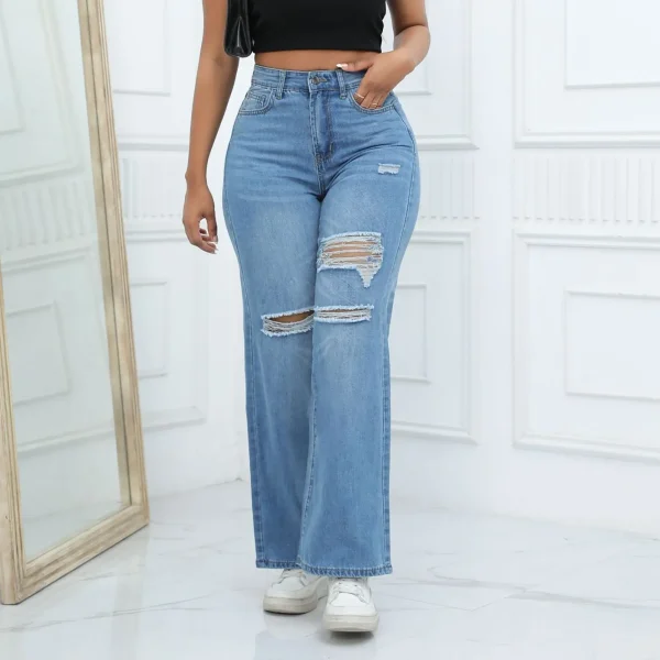 Women'S Ripped Boyfriend Jeans Draping Straight Leg Jeans Ladies Stretch Hole Denim Trousers Button Pocket High Rise Pant - Image 3
