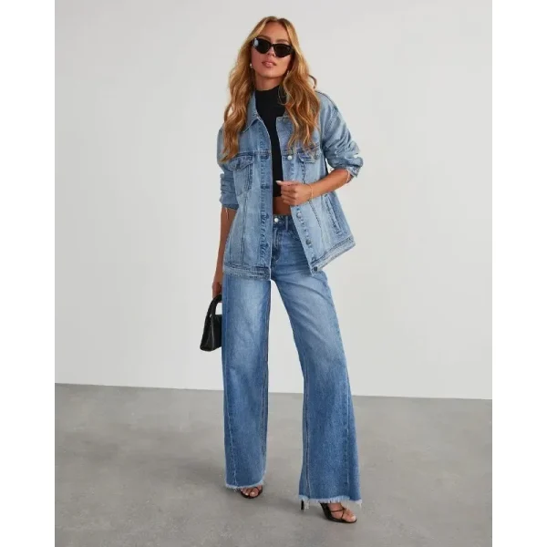 Spring Summer New Women's Clothing Solid Color Loose Wide Leg Side Seam Stitching Frayed Hem Jeans - Image 5