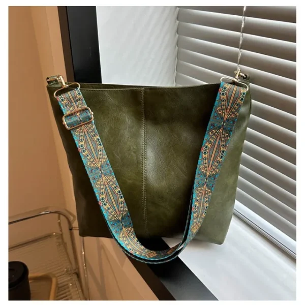 PU Leather Vintage Solid Color Women Fashion Shoulder Bag large Capacity Wide Strap Bucket tote Bags handbag for women - Image 5