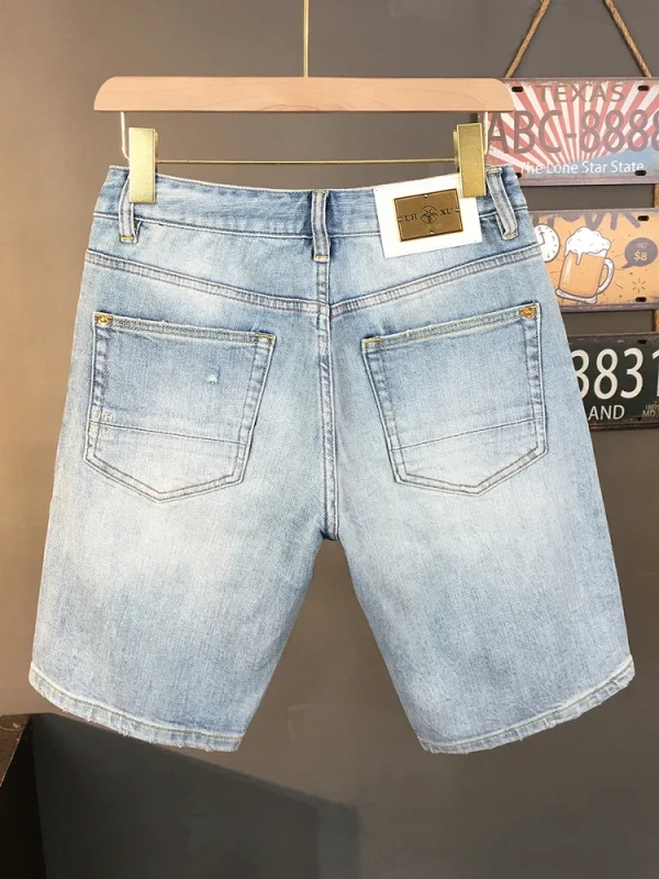 Men's 99% Cotton Stretch Denim Shorts 2025 Summer Lightweight Light Blue Destroyed Patchwork Slim Straight Fit Mid-Length Shorts - Image 3