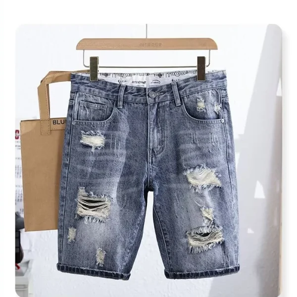 Summer Men's Loose Straight Blue Washed Jeans Shorts Mid-length Five Points Torn Hole Five Points Denim Pants - Image 6
