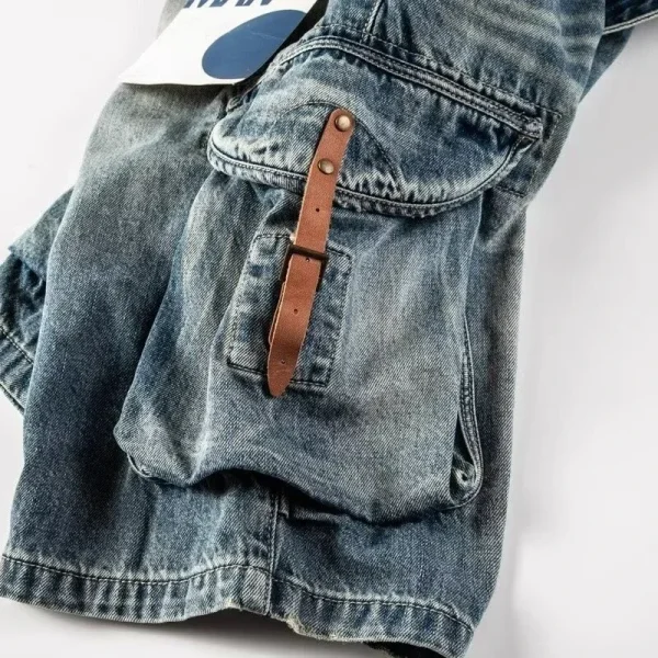 Heavy Vintage Jean Shorts Men 2025 Summer American Washed Hole Leather Loose Side Pock Riding Denim Shorts Men's Cargo Pants - Image 2