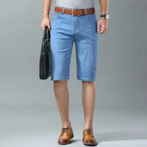 Summer Men Denim Shorts New Style Thin Embroidery Business Casual Straight Short Jeans Male Brand Clothing sky Blue