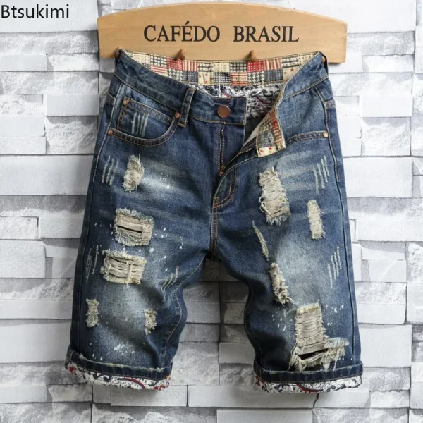 New 2025 Men's Summer Retro Ripped Denim Shorts New Fashion Casual Hole Patch Jean Shorts Streetwear Male Brand Clothes Shorts