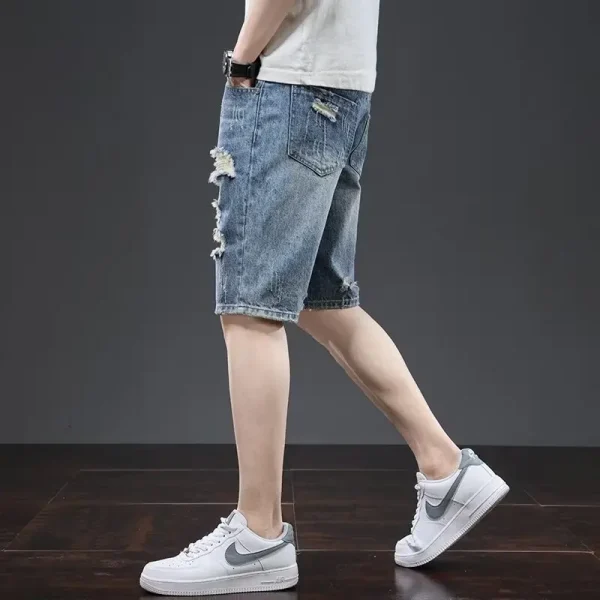 Summer Men's Loose Straight Blue Washed Jeans Shorts Mid-length Five Points Torn Hole Five Points Denim Pants - Image 3