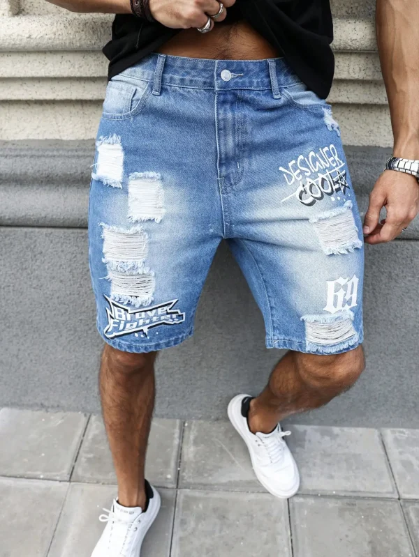 Men's summer blue ripped printed denim shorts. Trendy ripped design. Stylish text prints.