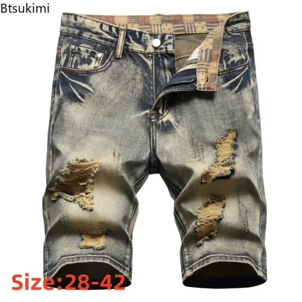 New 2025 Men's Summer Vintage Hole Short Jeans Fashion Washed Cotton Breathable Denim Shorts Men Streetwear Shorts Plus Size 42
